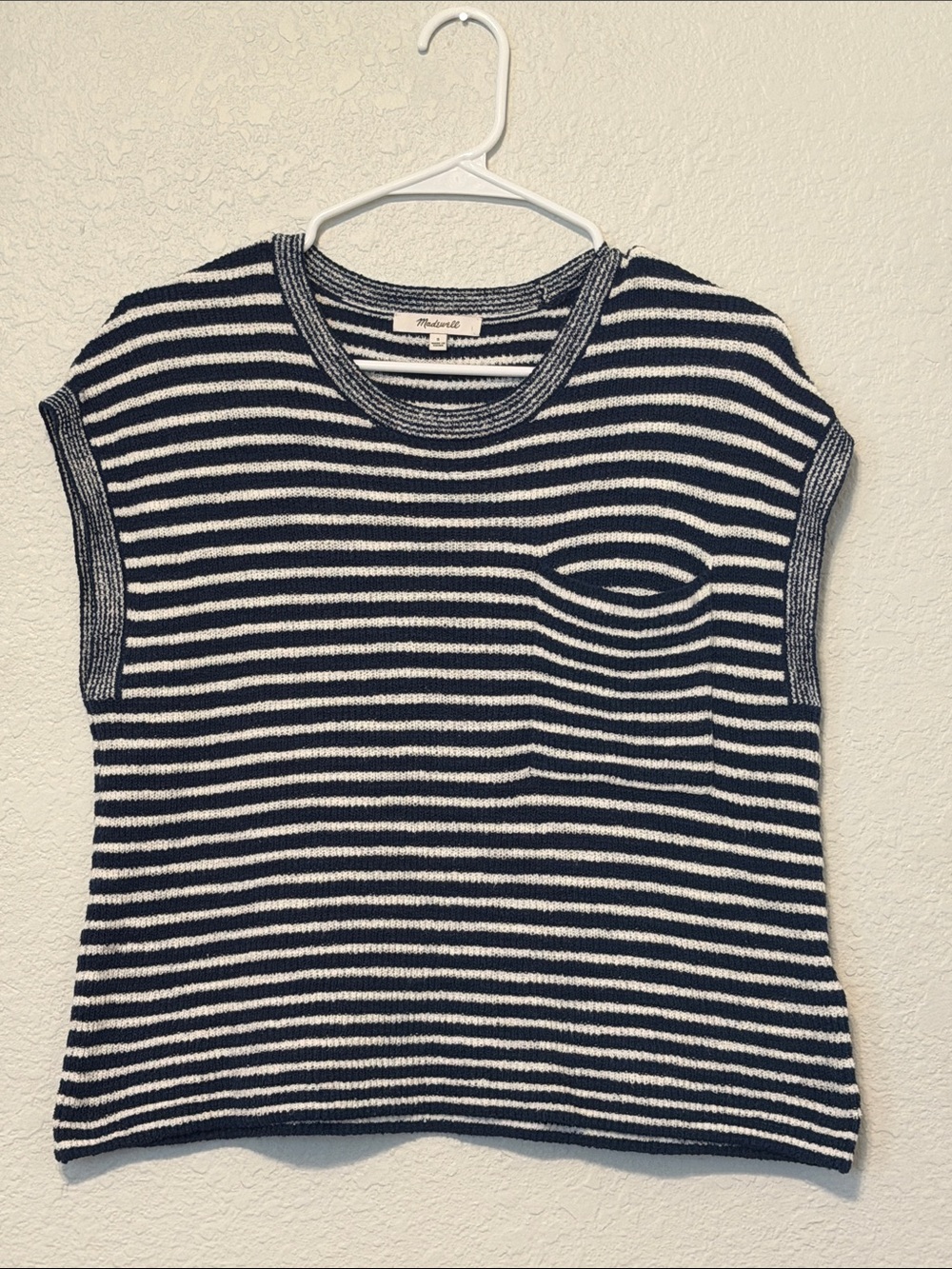 Madewell Navy & White Striped Sleeveless Knit Tank with Pocket Detail